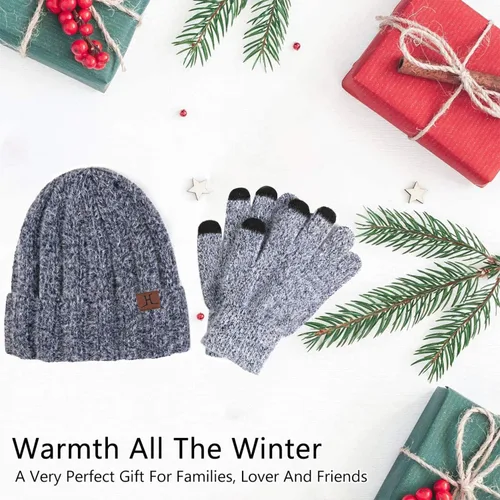 Vista 5 de Conjunto de guantes de punto cálido de invierno para mujer, con forro polar y forro de calavera, para mujer