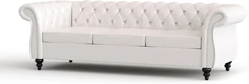 Vista 8 de Sofá grande de poliuretano, conjunto de sofá moderno, sofá clásico copetudo Chesterfield con respaldo copetudo para sala de estar (blanco 1+3)