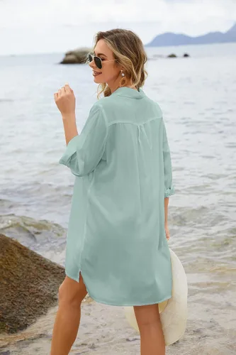 Vista 4 de Ekouaer Cubierta de bikini de playa para mujer, manga larga enrollable, camisa de verano con botones