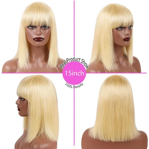 Vista 6 de Peluca de cabello humano lacio rubio 613 de 15 pulgadas con flequillo, sin pegamento, sin encaje frontal, Yaki Bob para mujer