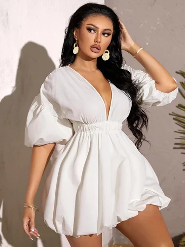 Vista 3 de WDIRARA Vestido de cintura elástica con cuello en V profundo y manga abombada para mujer