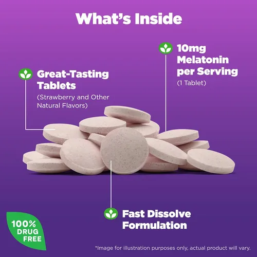 Vista 3 de Natrol Melatonina de disolución rápida de 10 mg, suplementos de melatonina para un sueño reparador, apoyo para el sueño para adultos, 100 tabletas