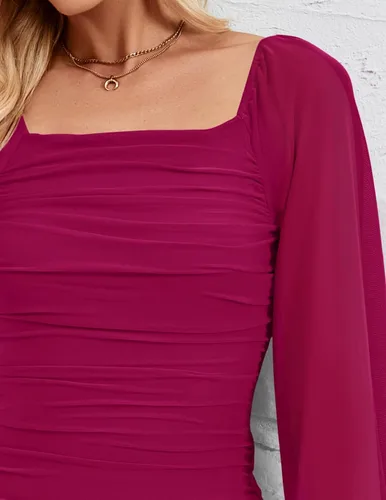 Vista 5 de ZESICA Vestido midi sexy y fruncido para mujer 2024, manga larga, cuello cuadrado, espalda descubierta, cóctel, fiesta, boda