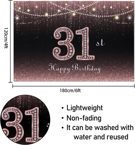 Vista 2 de HAMIGAR Fondo de pancarta de feliz cumpleaños número 31 de 6 x 4 pies, decoraciones de cumpleaños de 31 años, suministros de fiesta para mujeres