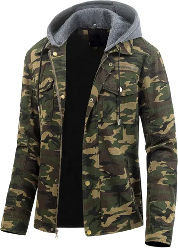 Vista 16 de Pursky Chaqueta de lona de algodón militar casual para hombre con capucha desmontable