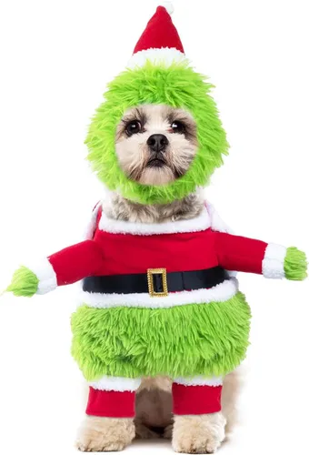Vista 10 de NACOCO Dog Christmas Furry Costume - Xmas Halloween Dog Cosplay Clothes with Cape Hat Green Monster Funny Uniform Santa Outfits Party Favors Apparel