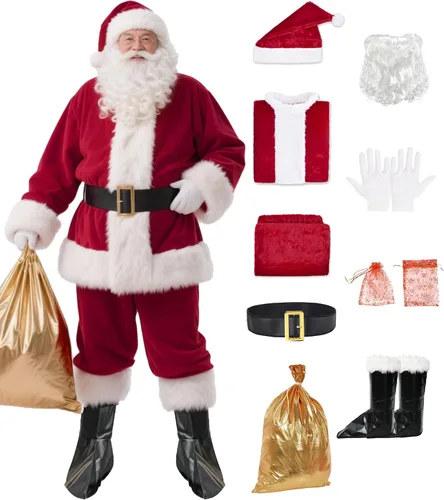 Vista 10 de Santa Claus Costume for Men Christmas Santa Suit Rde- 9 piezas