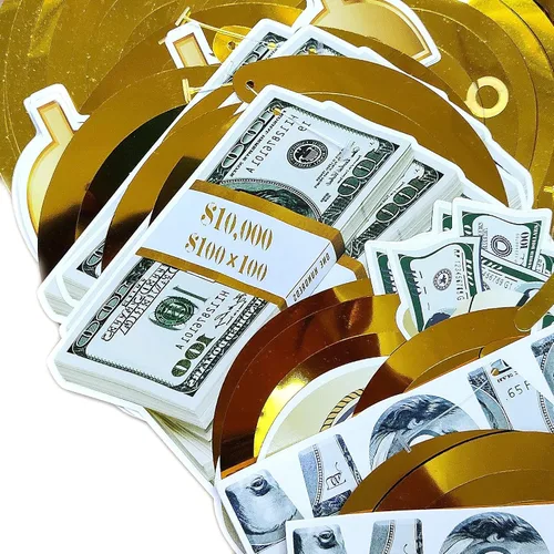 Vista 5 de Kit de decoración temática de dinero, carteles de billetes de dólar, pancarta de cumpleaños y espirales colgantes, símbolo de moneda