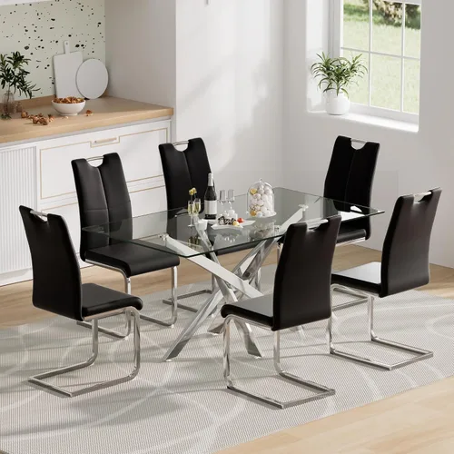 Vista 28 de Juego de mesa de comedor de cristal para 4, juego de mesa de cocina moderno de 5 piezas 52''Rectangular Glass Dining Set with 4 PU Leather