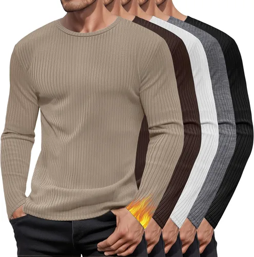 Vista 10 de Paquete de 5 camisas térmicas de algodón para hombre, manga larga, acanaladas, cuello redondo, ajustadas, suéter casual
