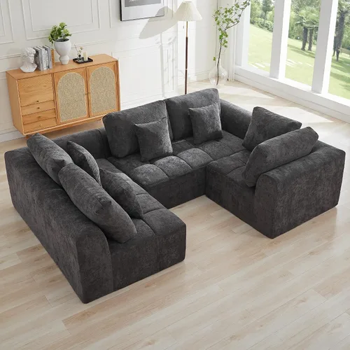 Vista 28 de Sofás seccionales modulares de 110 pulgadas para sala de estar, sofá seccional comprimido sin hueso, sofá de espuma viscoelástica tapizado de 3 Beige