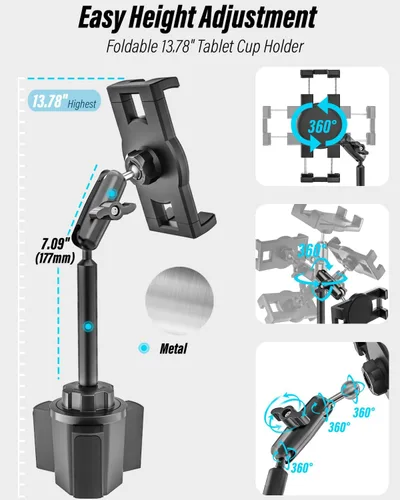 Vista 3 de Soporte para tablet para automóvil, brazo de metal, soporte de tableta resistente para portavasos de automóvil, soporte de automóvil ajustable