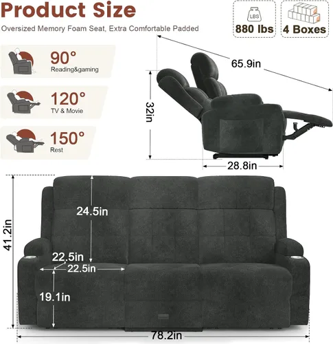 Vista 30 de Sofá de Dos Plazas Reclinable, Sofá Reclinable de Masaje con Gran Capacidad de Peso, Silla de Dos Plazas para RV en Liquidación con Consola, USB