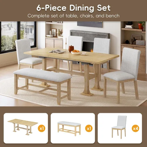 Vista 4 de Juego de mesa de comedor extensible de 6 piezas, juego de mesa de comedor para 6 personas con caballete de banco, juego de mesa de cocina con 4