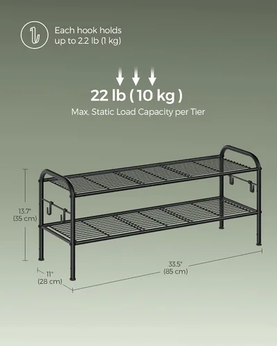 Vista 3 de SONGMICS Zapatero de 2 niveles, organizador de zapatos de metal con 4 ganchos laterales, capacidad para 10 pares de zapatos, zapatero de altura