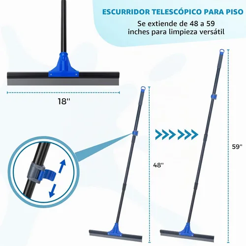 Vista 3 de Escurridor de Piso con Mango Telescópico Largo de 59'', Escoba de Goma Resistente de 18" para Hormigón, Azulejos de Baño, Garaje, Terraza