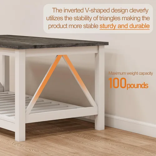 Vista 3 de Mesa de café de granja, mesa de café de roble blanco para sala de estar, mesa de centro rectangular de madera de 2 niveles con estante de listones