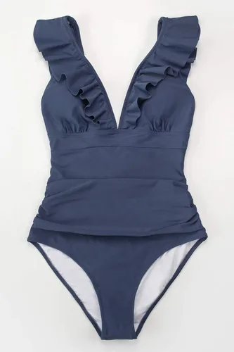 Vista 4 de CUPSHE Traje de baño de una pieza con volantes para mujer con cuello en V y cordones