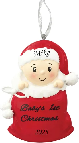 Vista 10 de Adorno personalizado para bebé niño en pijama con copo de nieve 2024, adorno para primer árbol de Navidad, decoración artesanal personalizada