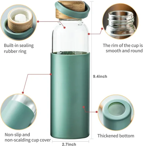 Vista 2 de Botella de agua de vidrio de borosilicato de 21 onzas con funda antideslizante y tapa a prueba de fugas - Botella de bebida reutilizable para 2