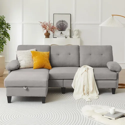Vista 8 de Sofá modular convertible de 84 pulgadas, moderno sofá pequeño en forma de L de tela de lino con diván reversible, sofá de 3 asientos para sala