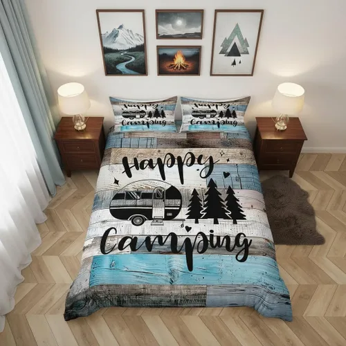 Vista 17 de Castle Fairy Juego de ropa de cama Happy Camping para niños, funda de edredón estilo granja occidental con cierre de cremallera, juego de ropa