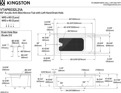 Vista 6 de Kingston VTAP6032L21A - Tina de alcoba acrílica de 3 paredes, color blanco brillante