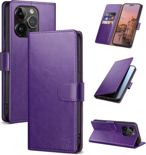 Vista 22 de SUANPOT Funda tipo cartera para iPhone 14 Pro de 6.1 pulgadas con bloqueo RFID, tarjetero y tarjetero, funda protectora de piel sintética con tapa