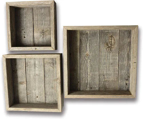 Vista 6 de Caja de sombra de madera reciclada con respaldo de madera, estilo rústico de granero, estantes flotantes, juego de 3 (rojo granero, cuadrado)