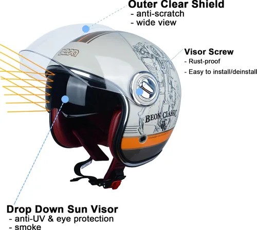 Vista 2 de Casco de motocicleta de cara abierta para adultos, aprobado por DOT, casco vintage 3/4 medio Vespa con doble visera para hombres y mujeres