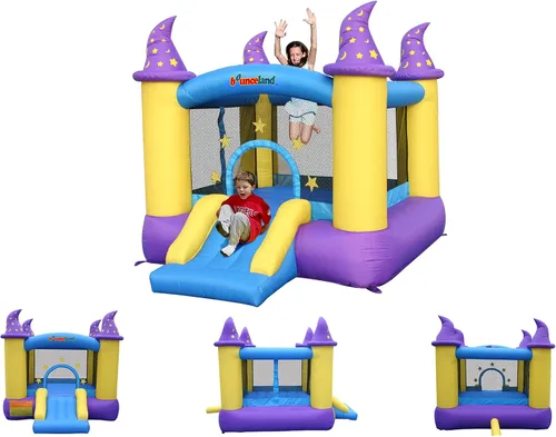 Vista 6 de Casa hinchable de mago Bounceland, área espaciosa de rebote con tobogán divertido, entrada segura con cierre de gancho y bucle, aro de baloncesto