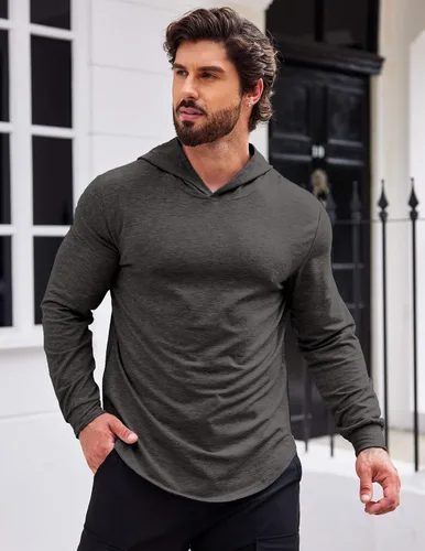 Vista 2 de COOFANDY Sudadera con capucha de entrenamiento de moda para hombre, ajuste muscular, mezcla de algodón, sudaderas de gimnasio de color sólido