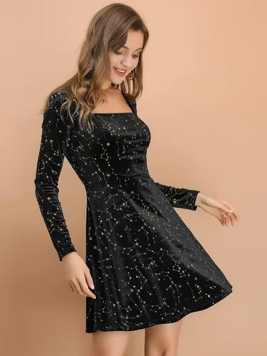Vista 3 de Allegra K Mini vestido de terciopelo vintage con cuello cuadrado y estrellas de Navidad para mujer