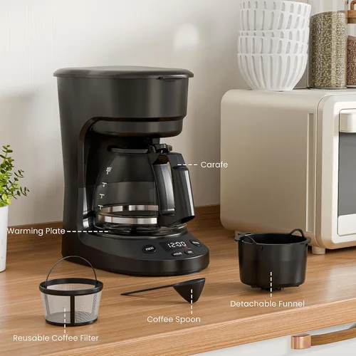 Vista 7 de WAA Cafetera de goteo programable de 5 tazas, cafetera portátil con olla de vidrio y filtro reutilizable, plato para mantener el calor, retrasar