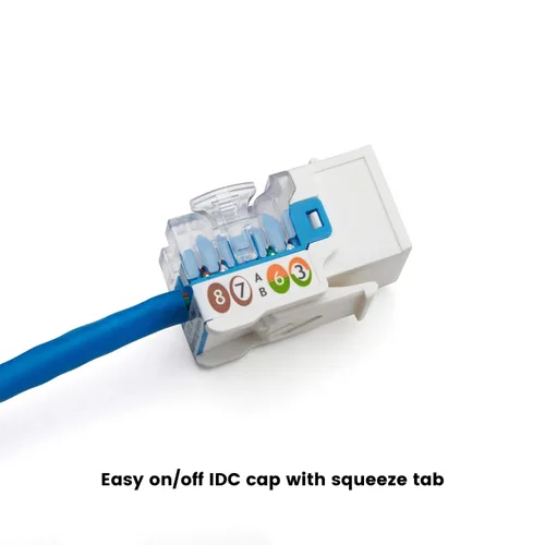 Vista 102 de TRUE CABLE Conector Keystone Cat5e, sin blindaje (UTP), perforado de 90 grados, PoE++ (4PPoE) 100W, certificación UL, verificado ETL, certificado