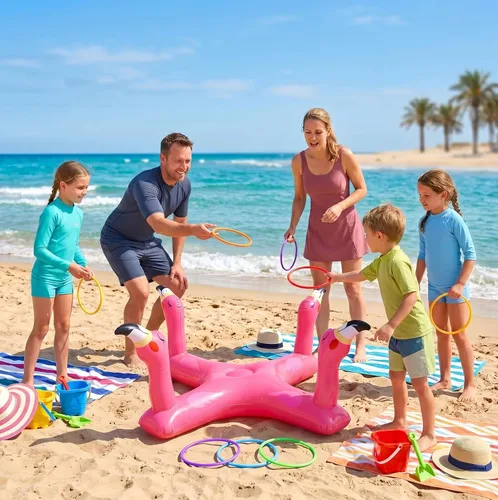 Vista 3 de Uniqhia Anillo inflable para piscina con 6 anillos, juego de piscina flotante de tiburón y flamenco con 6 anillos, juegos de piscina para niños