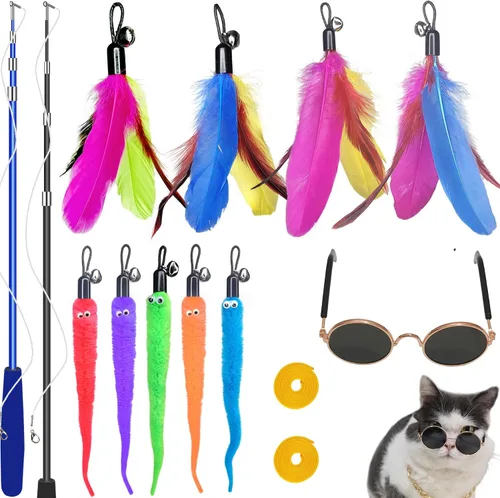 Vista 8 de ZPH Juguetes para gatos, paquete variado de plumas interactivas para gatos, varita y gatito, incluye juguete de ejercicio para gatos, ratón, gusanos