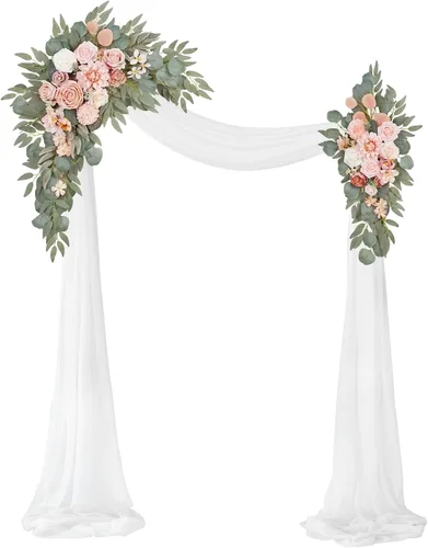 Vista 14 de [Usado] Kit de flores artificiales para arco de boda (paquete de 3), 2 piezas de decoración de arco de flores artificiales, 1 cortina transparente