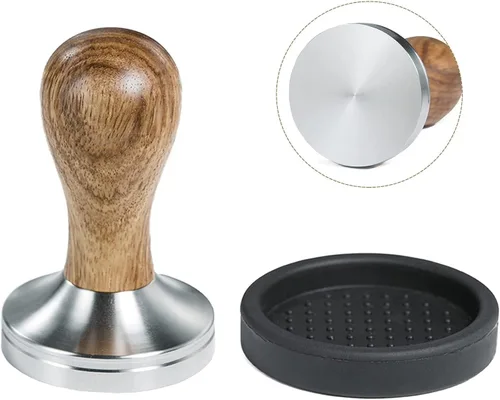 Vista 10 de 2.008 in de café con alfombrilla – Prensa espresso con base de acero inoxidable 304 y mango de madera – Accesorio para máquinas de café expreso
