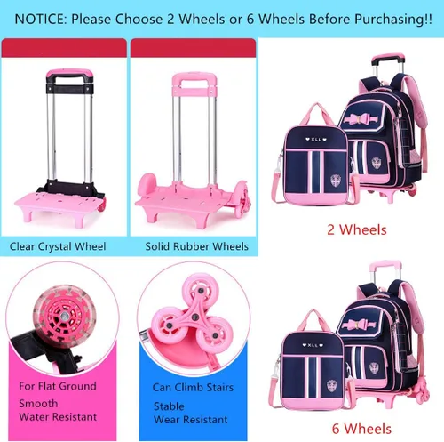 Vista 4 de Mochila de princesa rodante con lazo mochila de escuela primaria para niñas mochila con ruedas con bolso Girl Dark Blue 6 Wheels 6 wheels