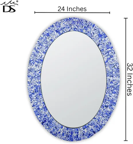 Vista 3 de Espejo decorativo tradicional de mosaico – 32 x 24 pulgadas de forma ovalada colgante azul espejo de pared