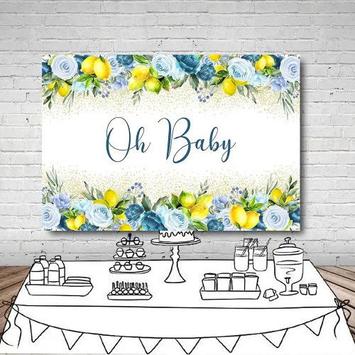Vista 6 de MEHOFOND Telón de fondo de baby shower de limón de 7 x 5 pies para niño Oh Baby Blue Floral Lemonade Background Party Banner Decoración de mesa