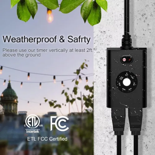 Vista 5 de Temporizador de luz exterior con sensor, toma de corriente impermeable del atardecer al amanecer con 2 tomas de tierra e interruptor de botón