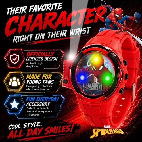 Vista 2 de Marvel Spider-Man Flashlight Watch for Kids – Light-Up Fun with LCD Display, LED Flashlight, and Durable Silicone Band