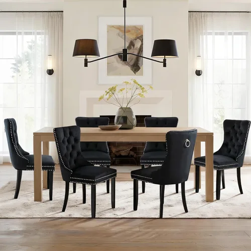 Vista 118 de Juego de 2 sillas de comedor de terciopelo con patas de madera, color beige Mid Century Modern Dining Chairs,Upholstered Chairs with Nailhead