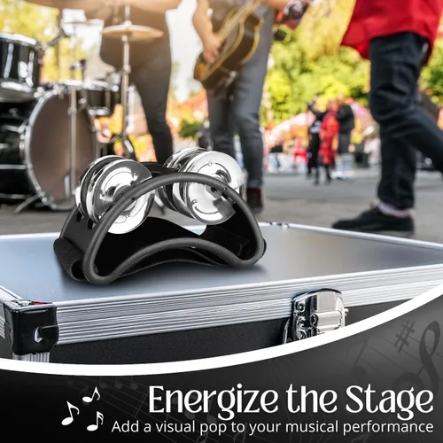 Vista 6 de Flexzion Pandereta de percusión de pie con jingles de acero de doble fila, tambor de instrumento musical para zapatos de fiesta, regalo, cantante