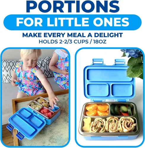 Vista 2 de Lonchera de acero inoxidable para bebés y niños, mini Bento, 3 secciones de porciones de metal ecológico, tapa a prueba de fugas, almuerzos