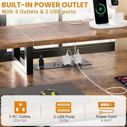 Vista 4 de Aheaplus Escritorio para juegos con luces LED y tomas de corriente, escritorio para computadora de oficina en casa de 59 pulgadas con cajones