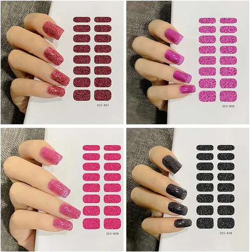 Vista 4 de 12 hojas de esmalte de uñas con purpurina, tiras de esmalte de uñas de color sólido, calcomanías de esmalte de uñas de envoltura completa