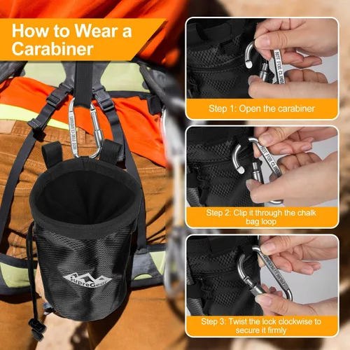 Vista 4 de supregear Bolsa de tiza para escalada en roca, bolsillo grande con cremallera con soporte para cepillo, cierre de cordón y clip de mosquetón, ideal